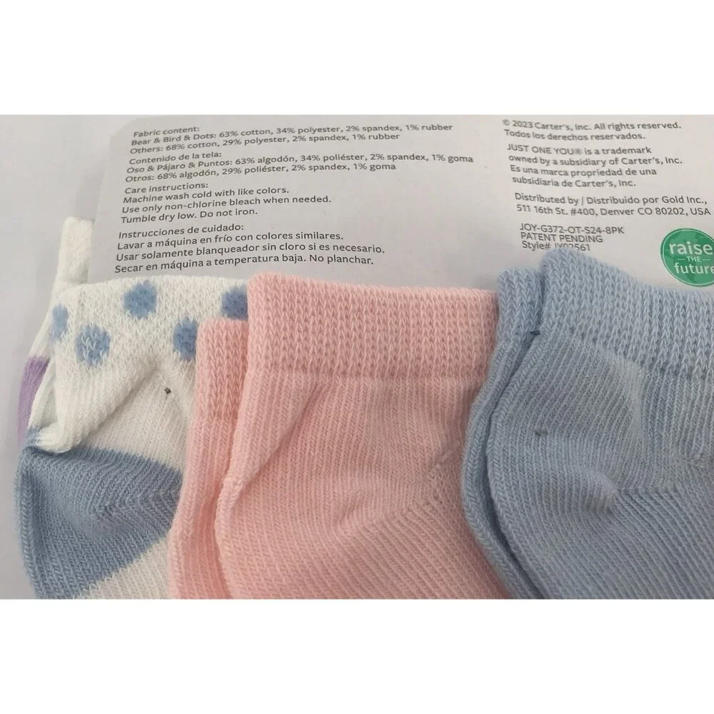 Carters Socks Baby Girls 3-12 Months 8 Pack Pink Purple Green Blue‎
